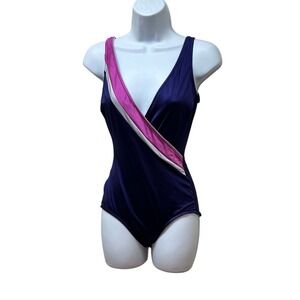 Vintage Jantzen Swimsuit Retro One Piece Size 12 Blue Pink Made in USA